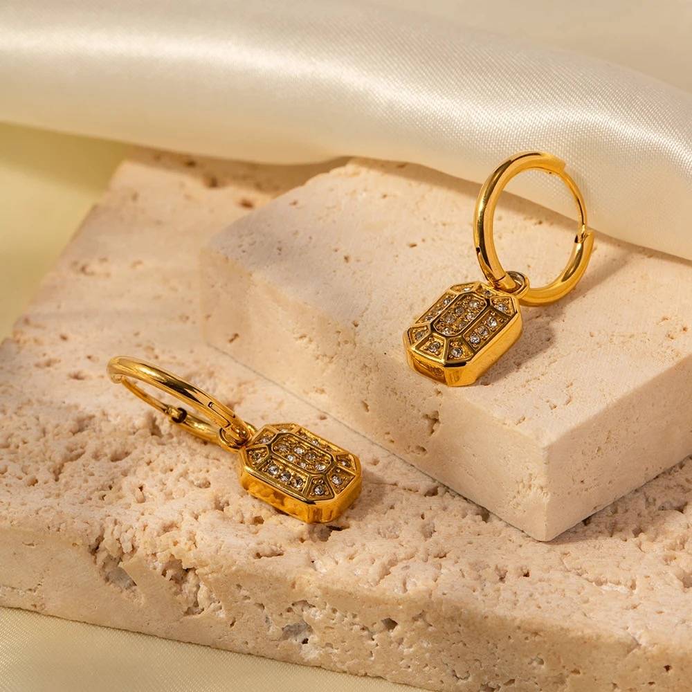 18Kt Gold Plated Rectangle Inlaid Zircon Earrings, Blair : INBLAIR