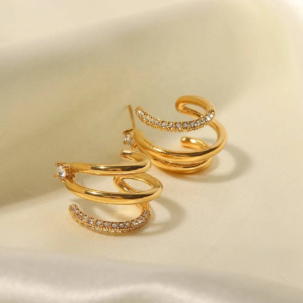 18Kt Gold Plated Triple Hoop Zircon Earrings, Natalie : INNATALIE