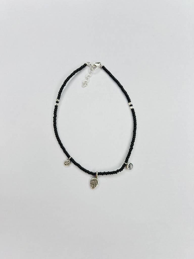 925 Sterling Silver Leaf Charm Anklet With Black Beads : ARSA79