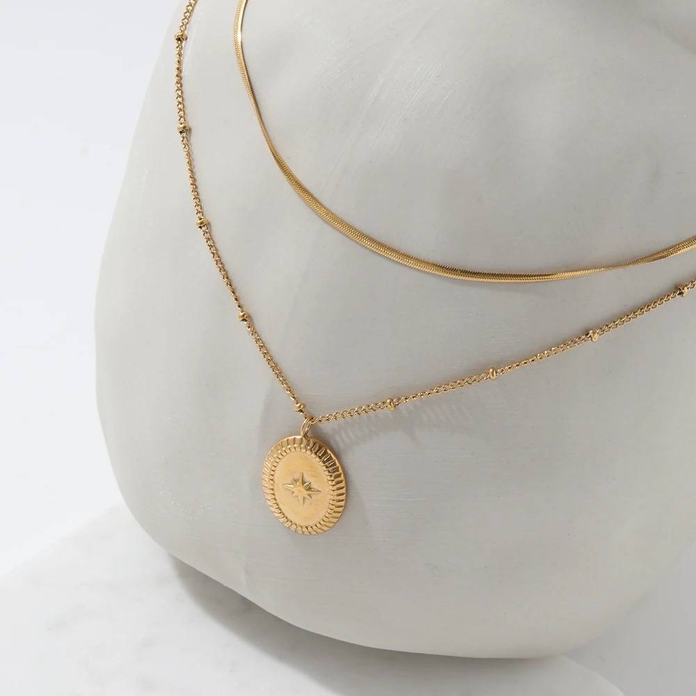 18Kt Gold Plated Layered North Star Snake Necklace, Samara : INSAMARA