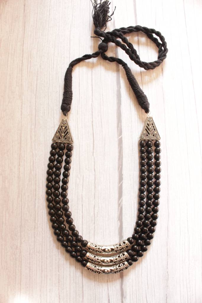3 Layer Black Beads Necklace With Metal Accents And Adjustable Thread Closure : ALT-JEW-KM-99