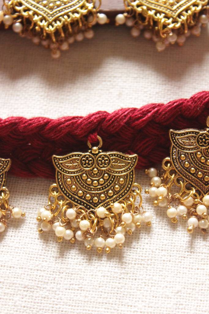 Antique Gold Finish Metal Charms Braided In Red Fabric Threads Handmade Necklace Set : ALT-Jew-Krishna-20