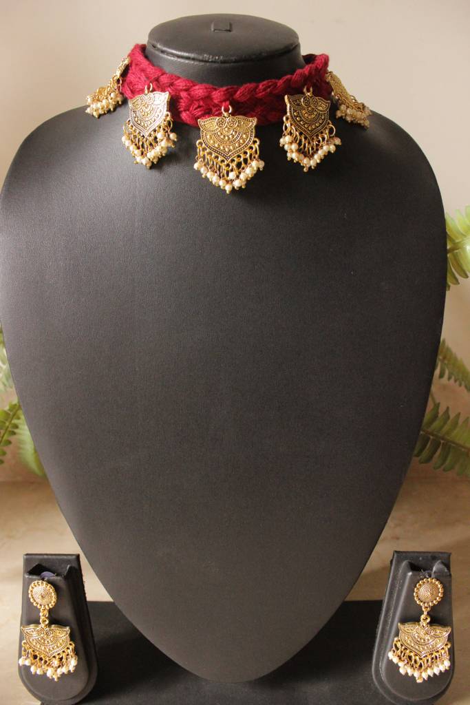 Antique Gold Finish Metal Charms Braided In Red Fabric Threads Handmade Necklace Set : ALT-Jew-Krishna-20