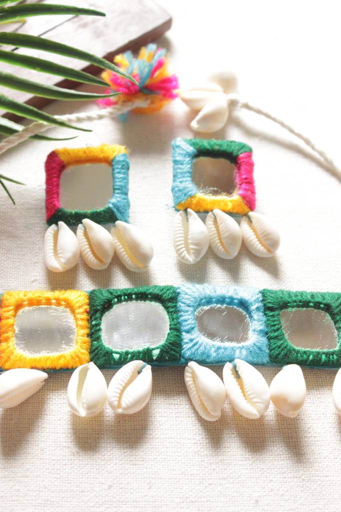 Multi-Color Hand Embroidered Mirrors And Shell Work Choker Necklace Set : ALT-Jew-RDV-02