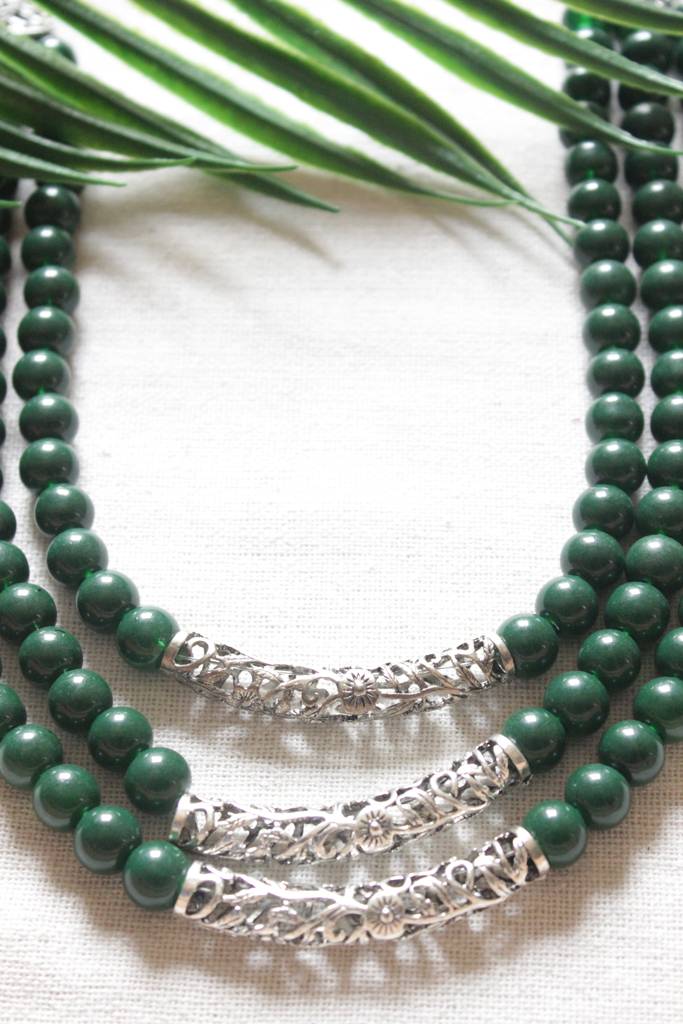 Green Glass Beads Metal 3 Layer Necklace : ALT-JEW-KM-40