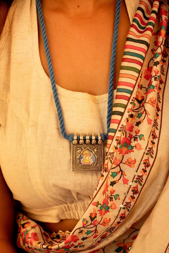 925 Sterling Silver Anvaya Handpainted Ganesha Intricate Necklace : SN2034
