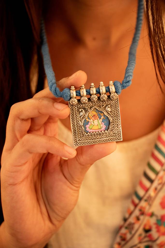 925 Sterling Silver Anvaya Handpainted Ganesha Intricate Necklace : SN2034