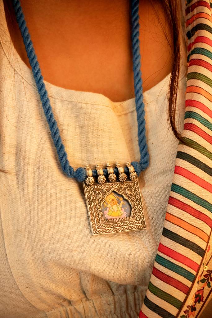 925 Sterling Silver Anvaya Handpainted Ganesha Intricate Necklace : SN2034