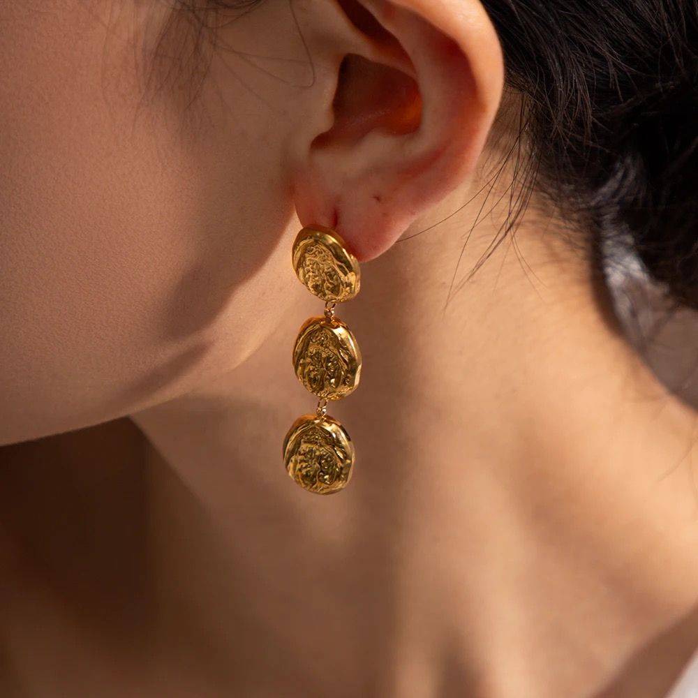 18Kt Gold Plated Triple Textured Round Earrings, Aarna : INAARNA