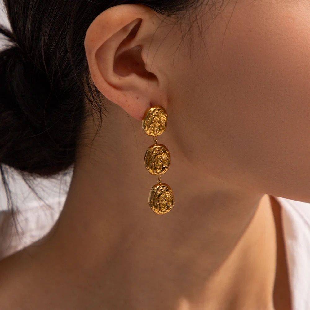 18Kt Gold Plated Triple Textured Round Earrings, Aarna : INAARNA