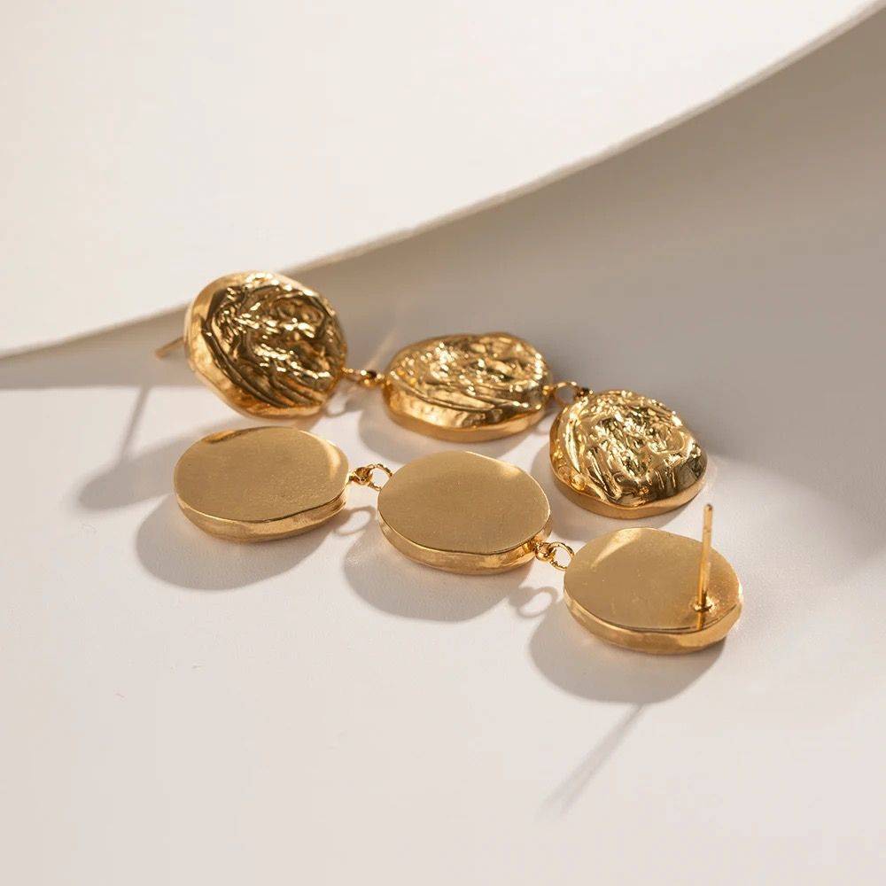 18Kt Gold Plated Triple Textured Round Earrings, Aarna : INAARNA