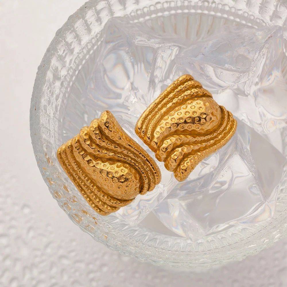 18Kt Gold Plated Chunky Textured Rectangle Stud Earrings, Advika : INADVIKA