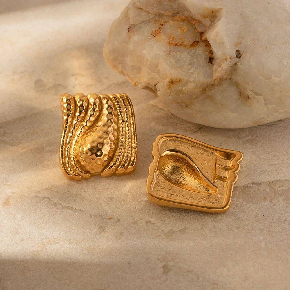 18Kt Gold Plated Chunky Textured Rectangle Stud Earrings, Advika : INADVIKA