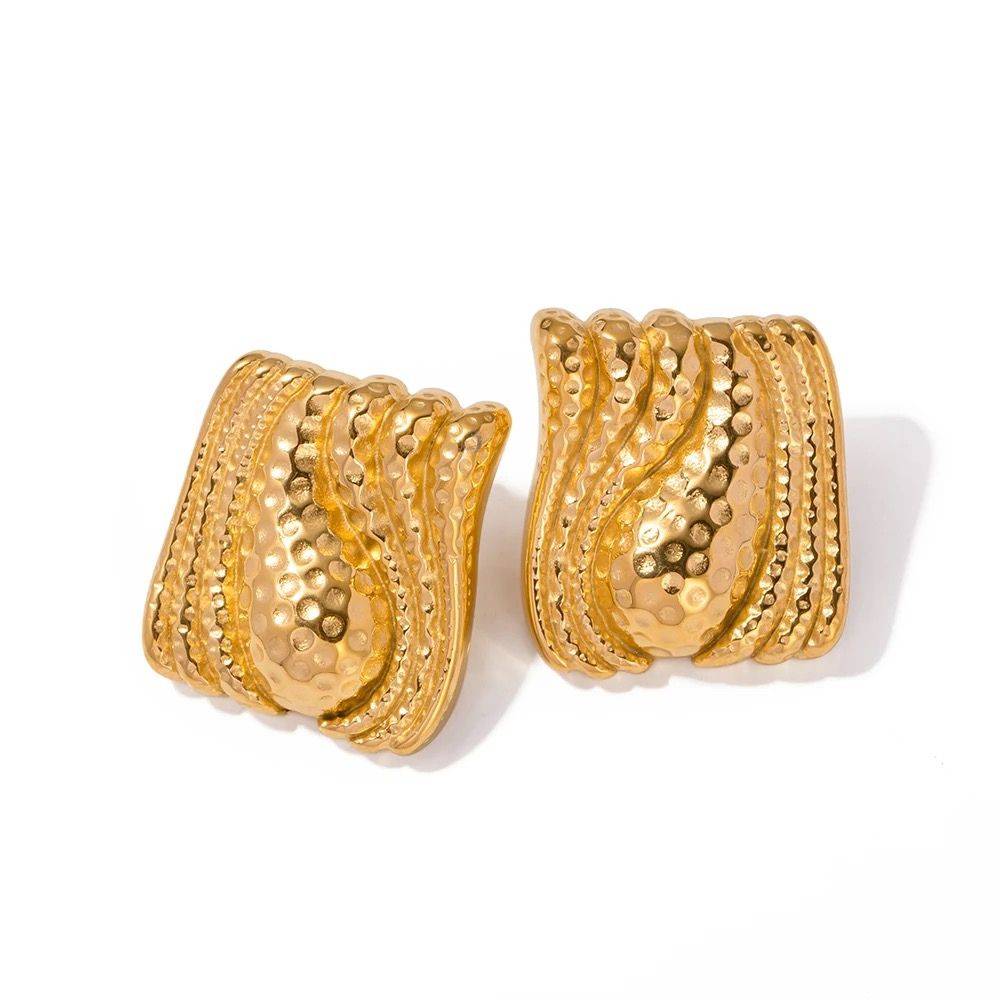 18Kt Gold Plated Chunky Textured Rectangle Stud Earrings, Advika : INADVIKA