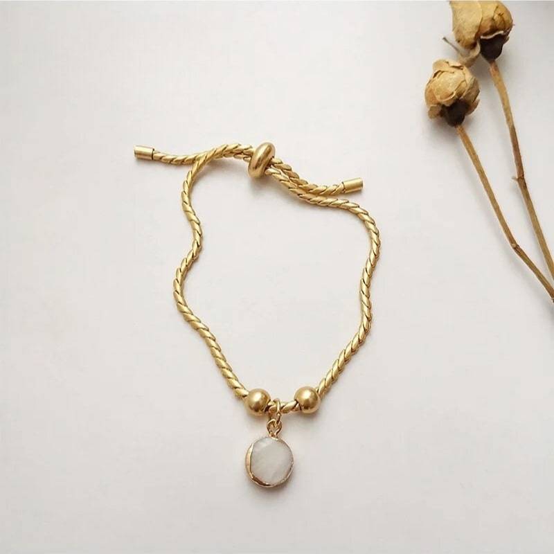 18Kt Gold Plated Snake Twist Chain White Shell Adjustable Bracelet, Alma : INALMA