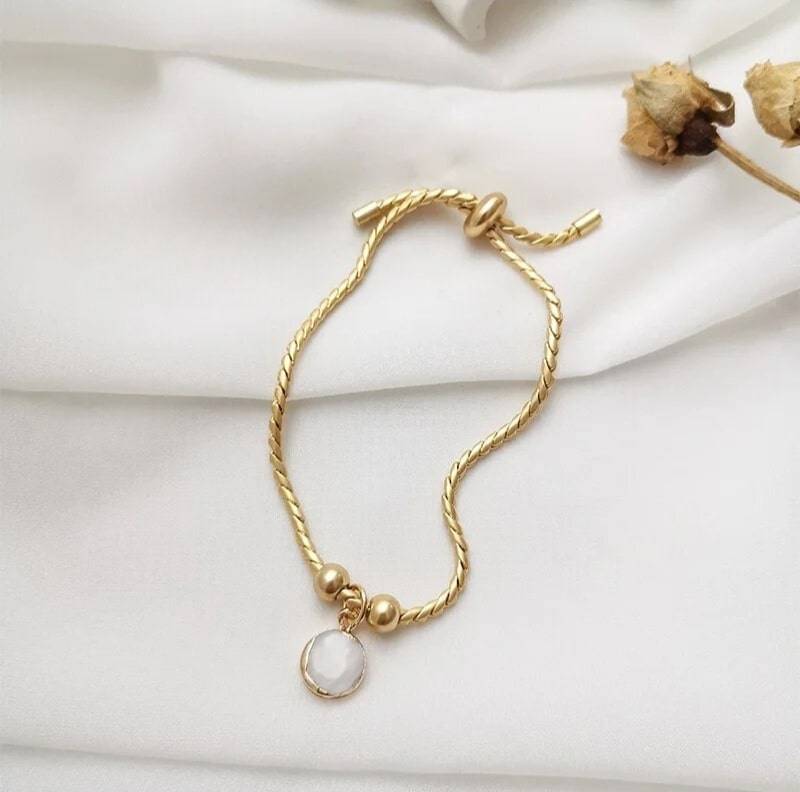 18Kt Gold Plated Snake Twist Chain White Shell Adjustable Bracelet, Alma : INALMA