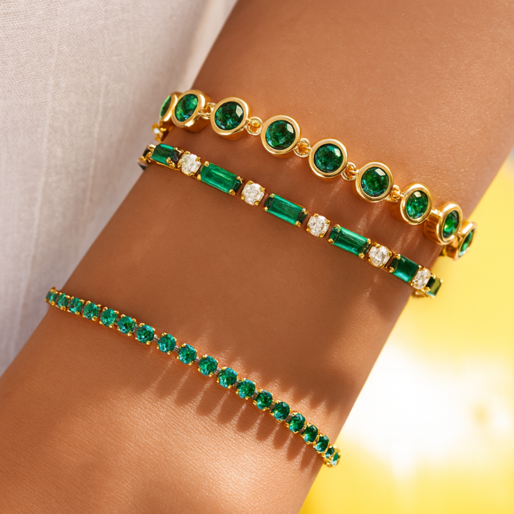Emerald Green And White Zircon Tennis Clasp Bracelet, Avina : INAVINA