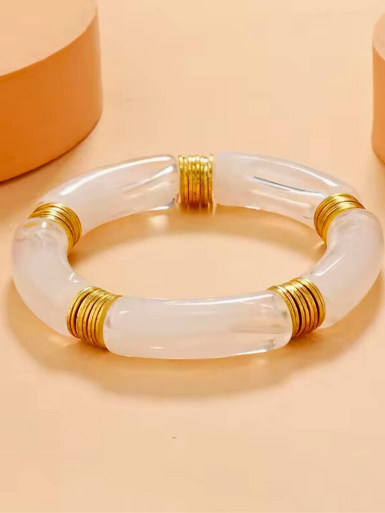 18Kt Gold Plated Acrylic White Bead Bracelet, Bloom Gold Mixed Metal