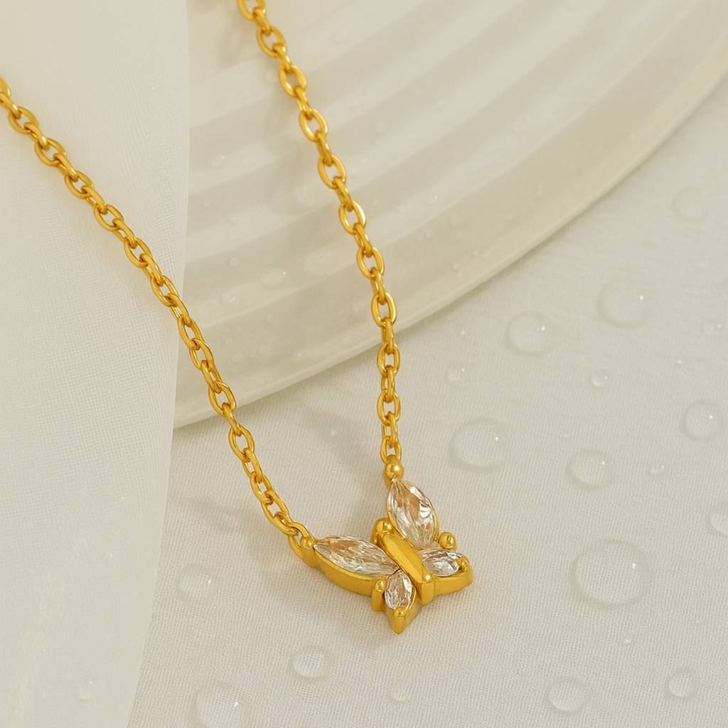 Minimal Zircon Butterfly Stainless Steel Waterproof Pendant Necklace, Elara : INELARA