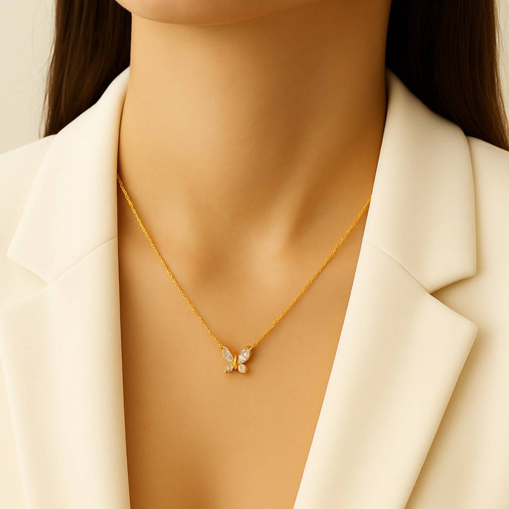 Minimal Zircon Butterfly Stainless Steel Waterproof Pendant Necklace, Elara : INELARA