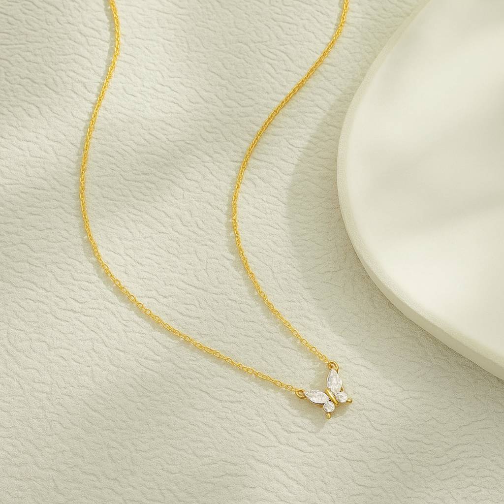 Minimal Zircon Butterfly Stainless Steel Waterproof Pendant Necklace, Elara : INELARA