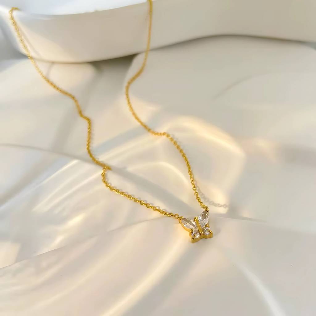 Minimal Zircon Butterfly Stainless Steel Waterproof Pendant Necklace, Elara : INELARA