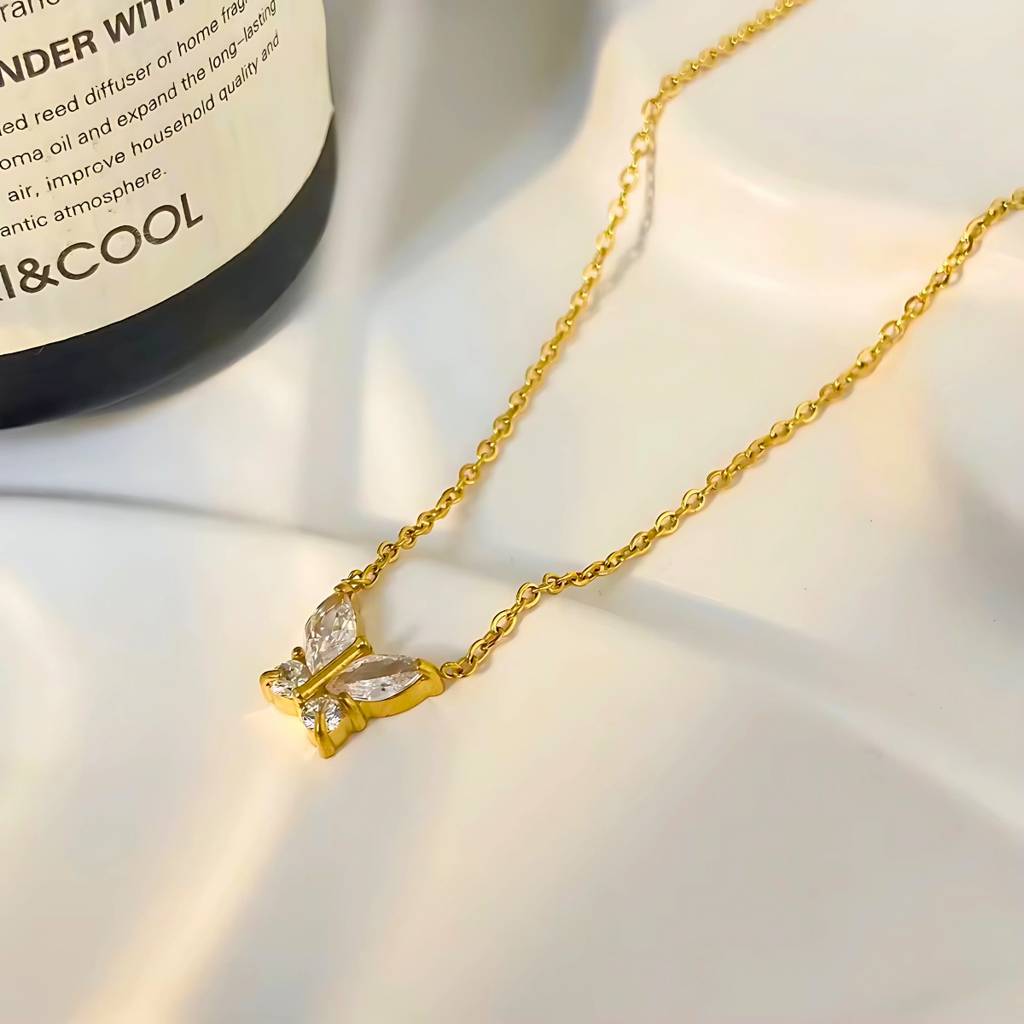 Minimal Zircon Butterfly Stainless Steel Waterproof Pendant Necklace, Elara : INELARA