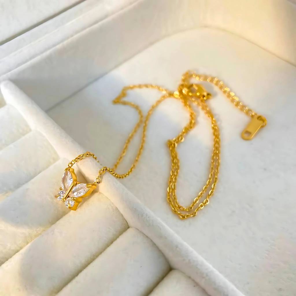 Minimal Zircon Butterfly Stainless Steel Waterproof Pendant Necklace, Elara : INELARA