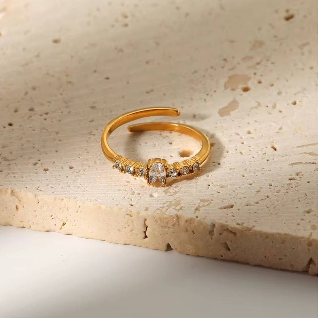 18Kt Gold Plated Minimal Oval Bezel Diamond Stainless Steel Waterproof Ring, Elsa : INELSA
