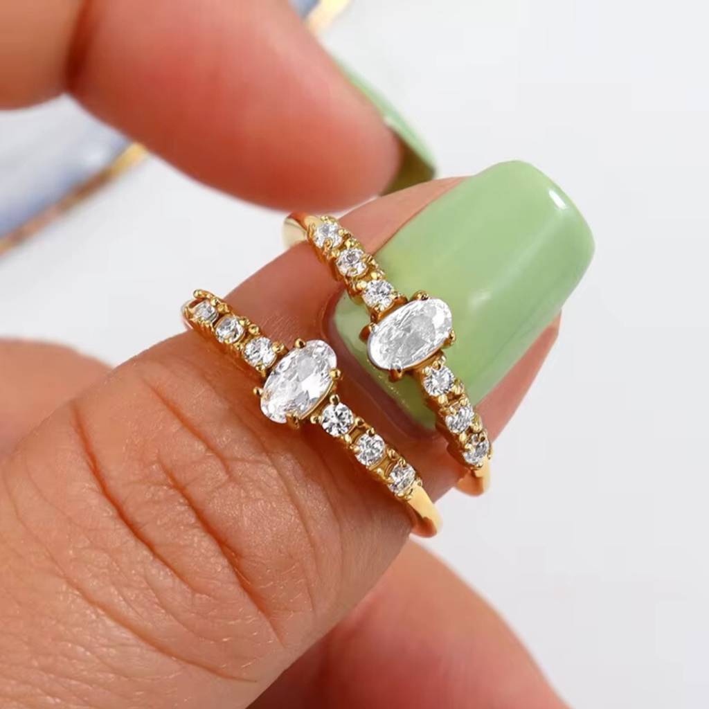 18Kt Gold Plated Minimal Oval Bezel Diamond Stainless Steel Waterproof Ring, Elsa : INELSA
