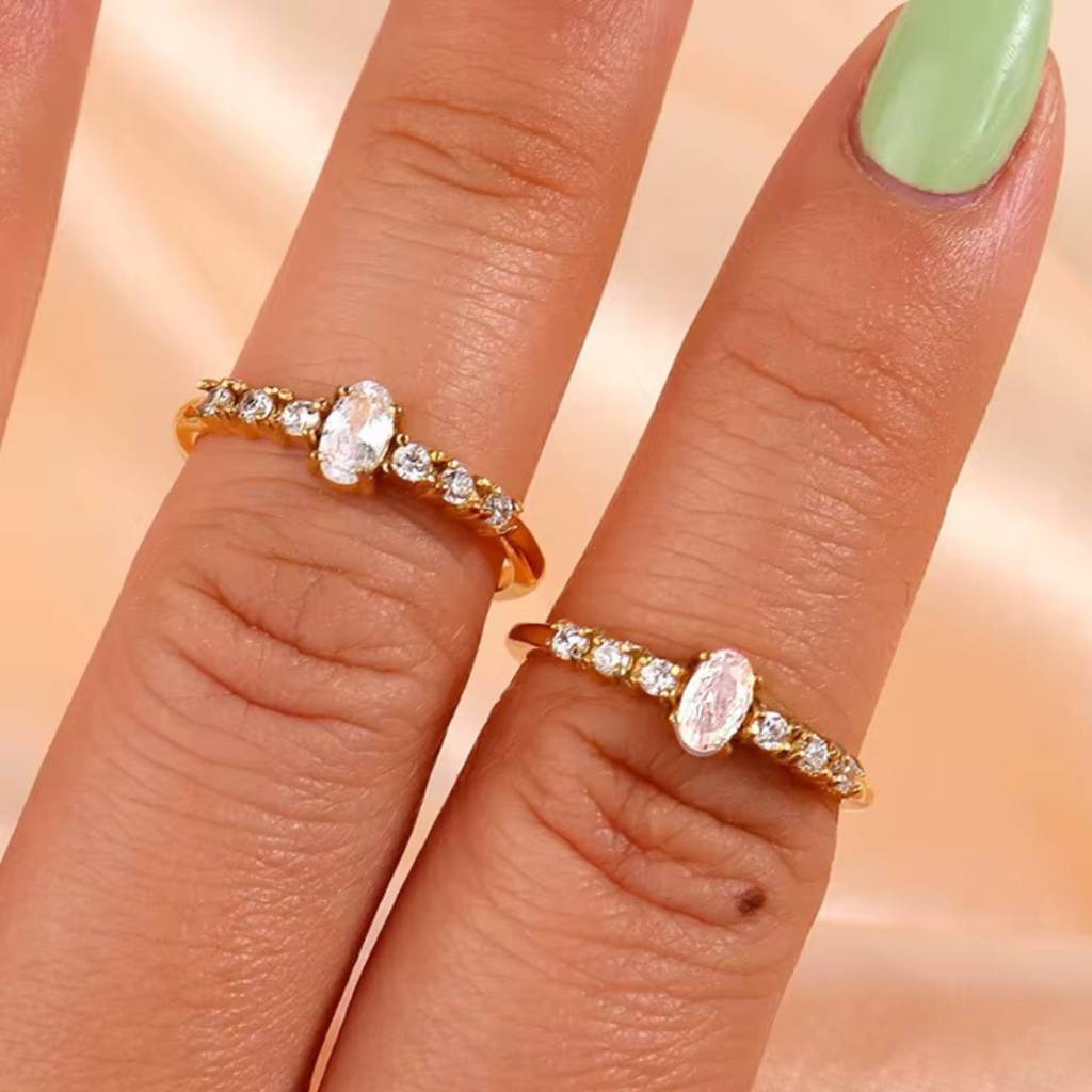 18Kt Gold Plated Minimal Oval Bezel Diamond Stainless Steel Waterproof Ring, Elsa : INELSA