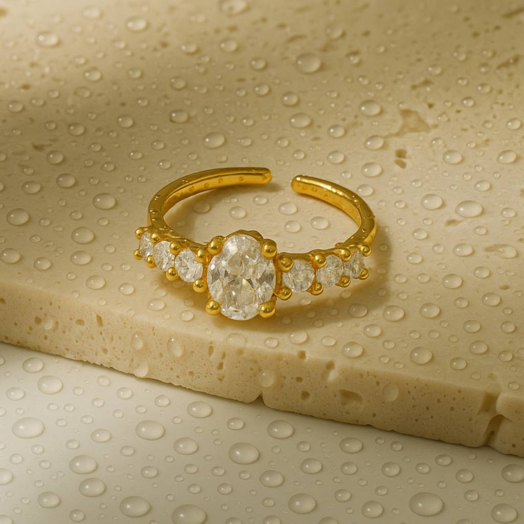 18Kt Gold Plated Minimal Oval Bezel Diamond Stainless Steel Waterproof Ring, Elsa : INELSA