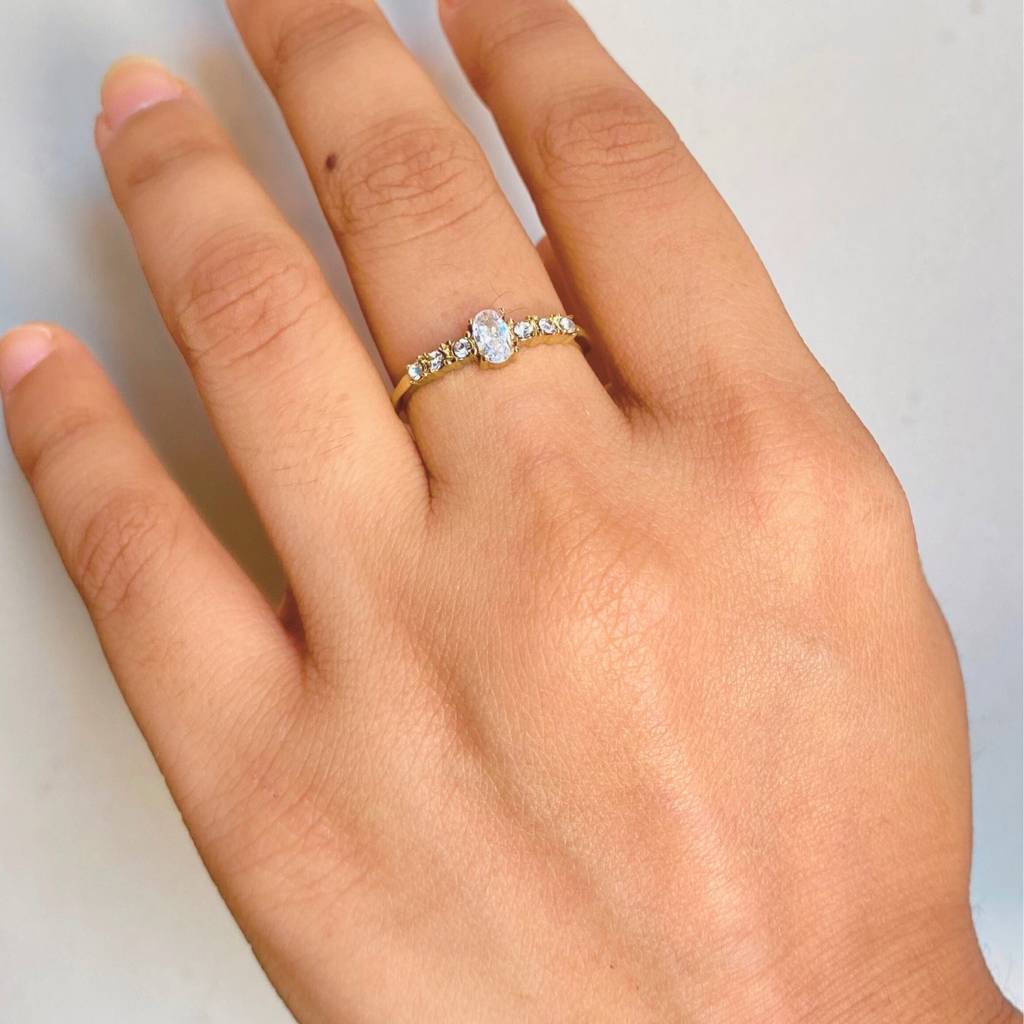 18Kt Gold Plated Minimal Oval Bezel Diamond Stainless Steel Waterproof Ring, Elsa : INELSA