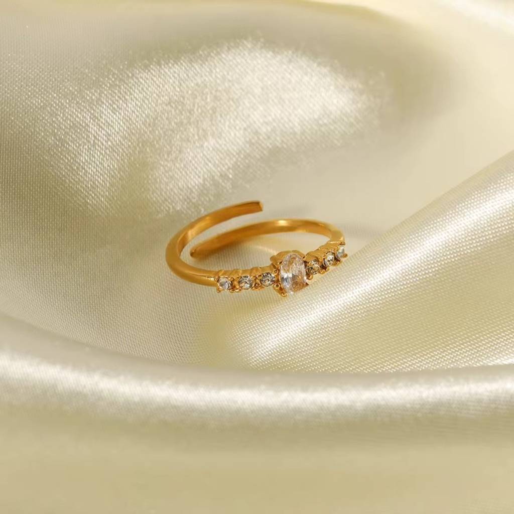 18Kt Gold Plated Minimal Oval Bezel Diamond Stainless Steel Waterproof Ring, Elsa : INELSA