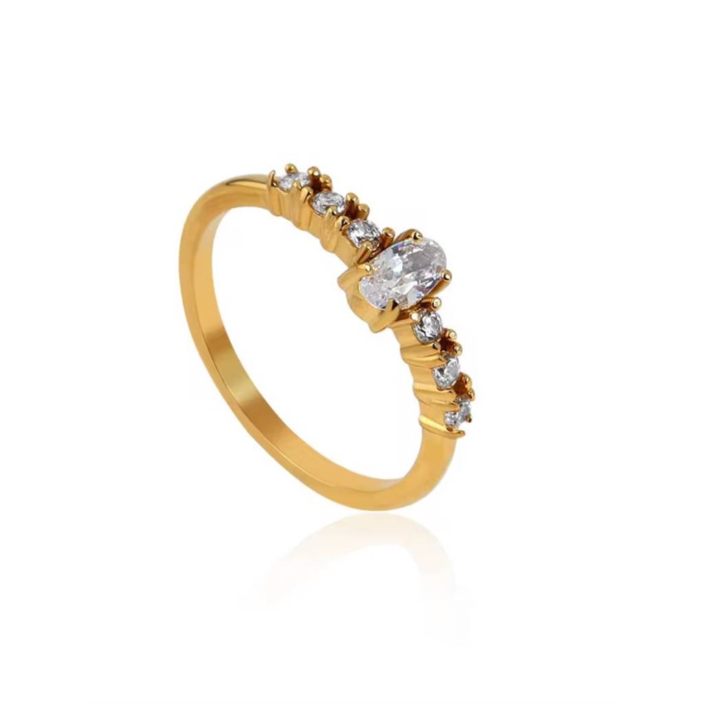 18Kt Gold Plated Minimal Oval Bezel Diamond Stainless Steel Waterproof Ring, Elsa : INELSA