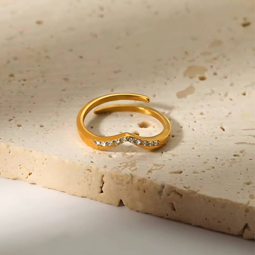 18Kt Gold Plated Minimal V Shaped Crystal Studded Stainless Steel Waterproof Ring, Faye : INFAYE1