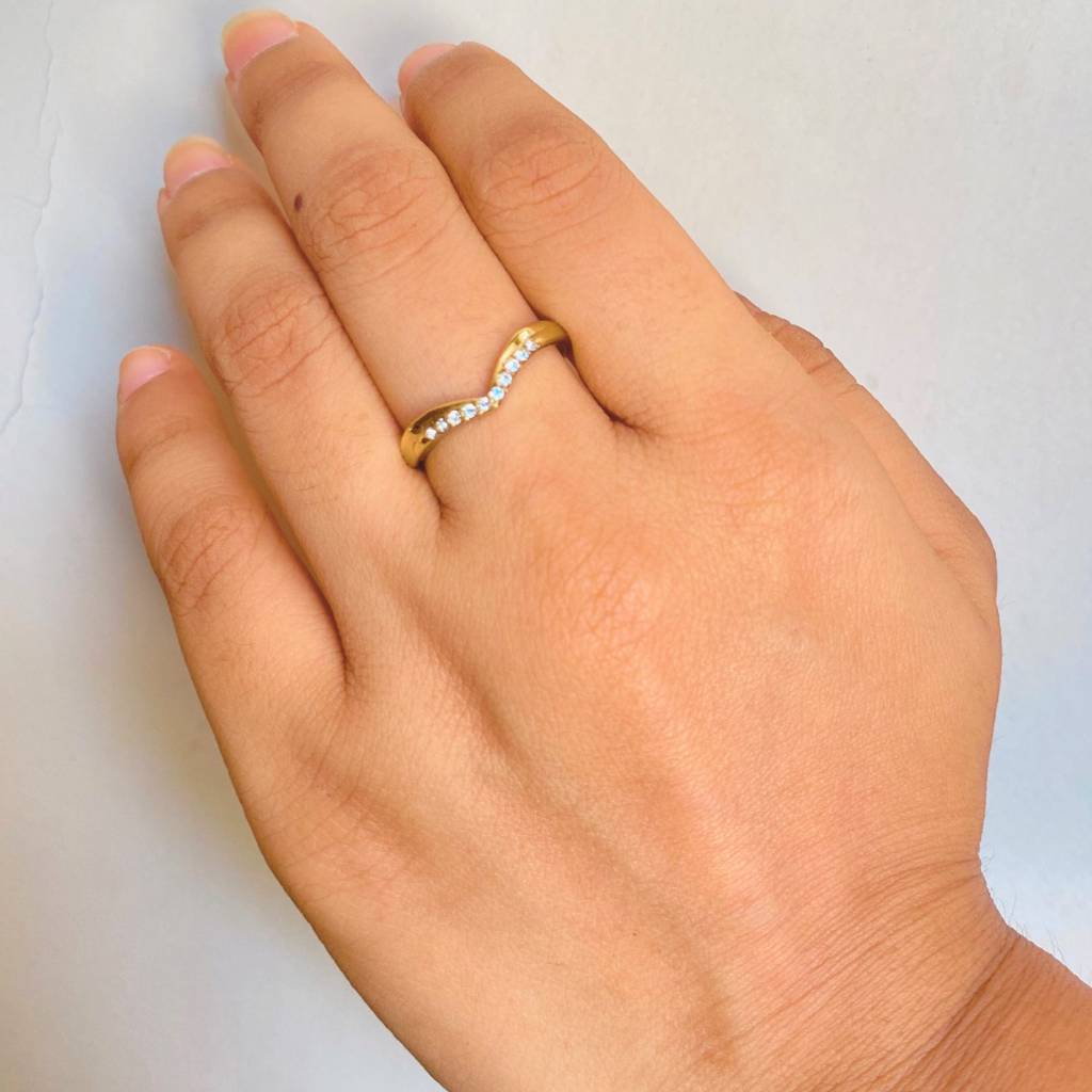 18Kt Gold Plated Minimal V Shaped Crystal Studded Stainless Steel Waterproof Ring, Faye : INFAYE1