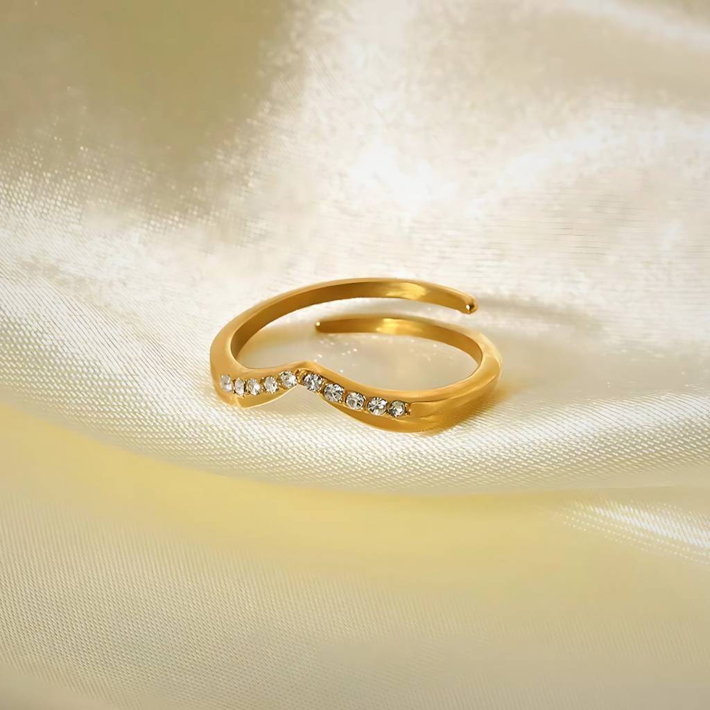 18Kt Gold Plated Minimal V Shaped Crystal Studded Stainless Steel Waterproof Ring, Faye : INFAYE1