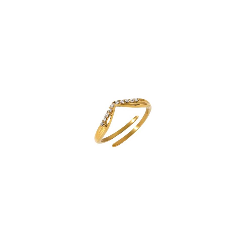 18Kt Gold Plated Minimal V Shaped Crystal Studded Stainless Steel Waterproof Ring, Faye : INFAYE1