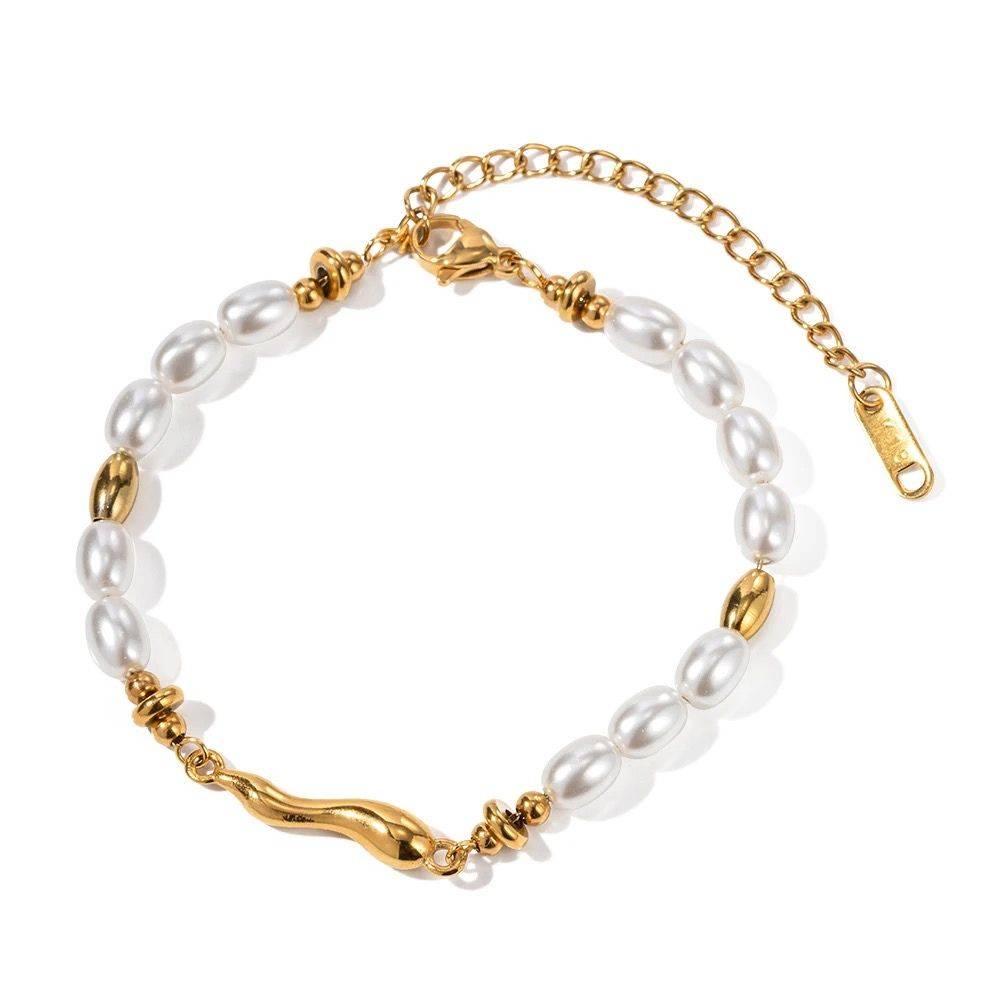 18Kt Gold Plated Glass Pearl Beads Chain Bracelet, Harper : INHARPER-1