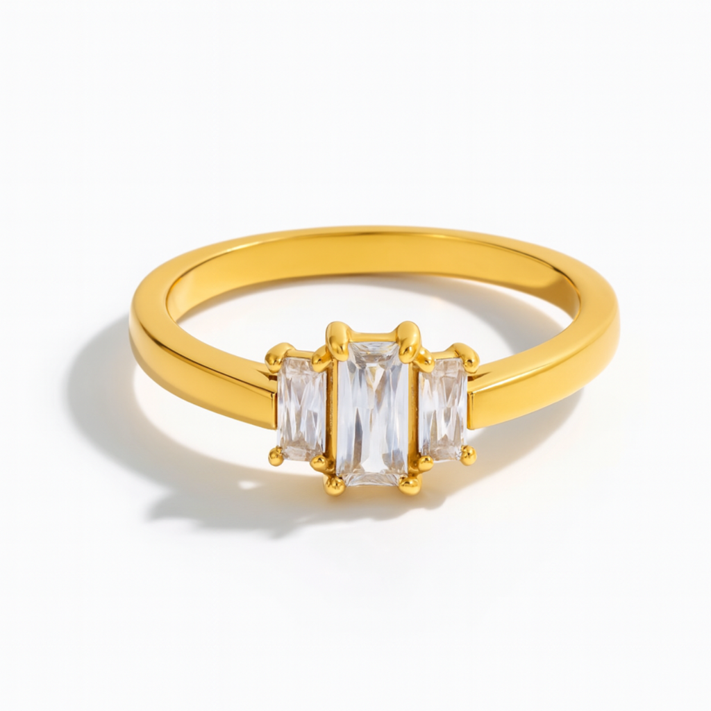 Tripple Baguette White Zircon Solitaire Finger Ring, Isha : INISHA