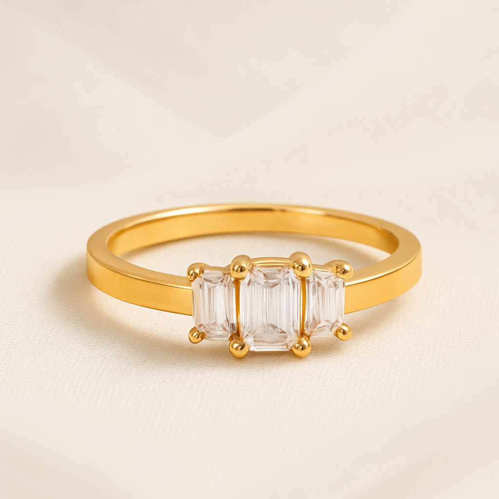 Tripple Baguette White Zircon Solitaire Finger Ring, Isha : INISHA
