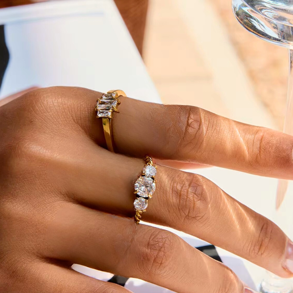 Tripple Baguette White Zircon Solitaire Finger Ring, Isha : INISHA