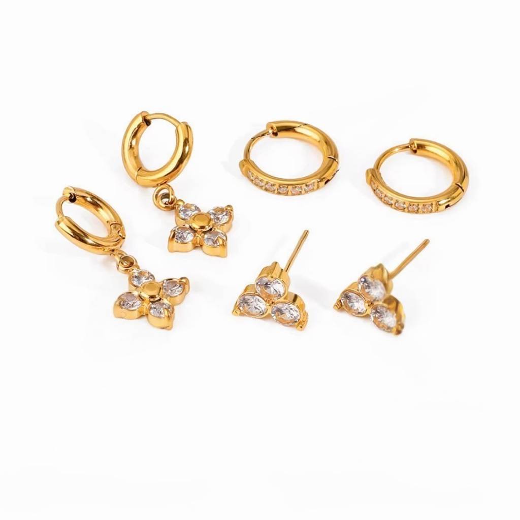 18Kt Gold Plated Set Of Three Flower And Golden Hoops Stainless Steel Waterproof Earrings Set, Liana : INLIANA