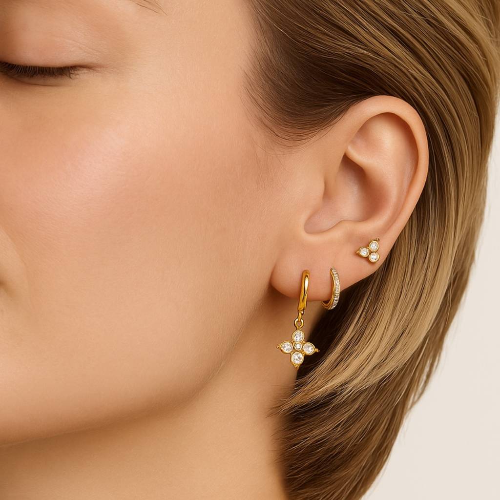 18Kt Gold Plated Set Of Three Flower And Golden Hoops Stainless Steel Waterproof Earrings Set, Liana : INLIANA