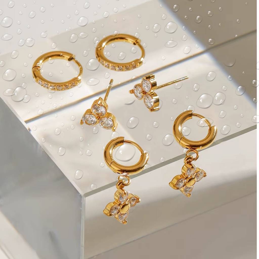 18Kt Gold Plated Set Of Three Flower And Golden Hoops Stainless Steel Waterproof Earrings Set, Liana : INLIANA