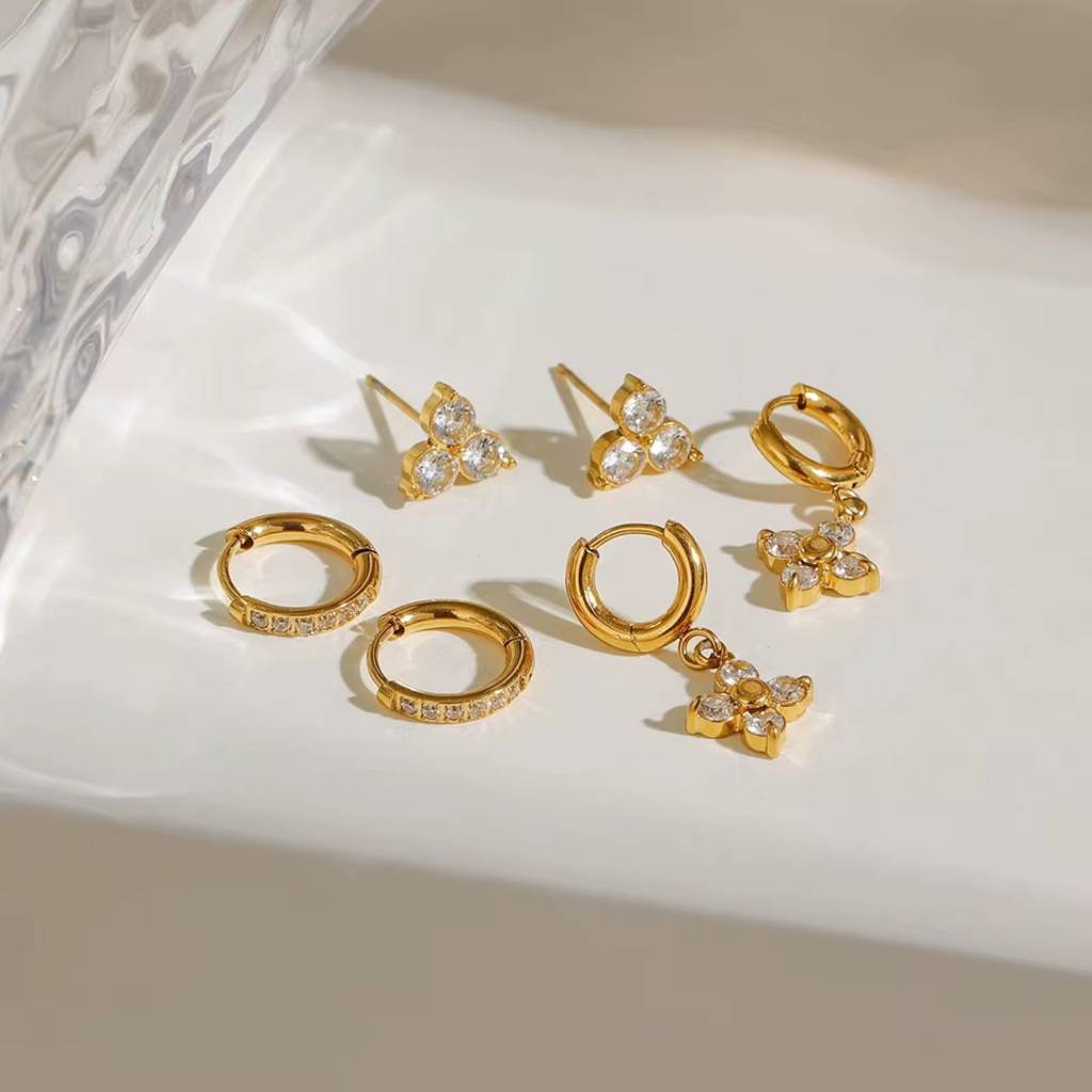 18Kt Gold Plated Set Of Three Flower And Golden Hoops Stainless Steel Waterproof Earrings Set, Liana : INLIANA