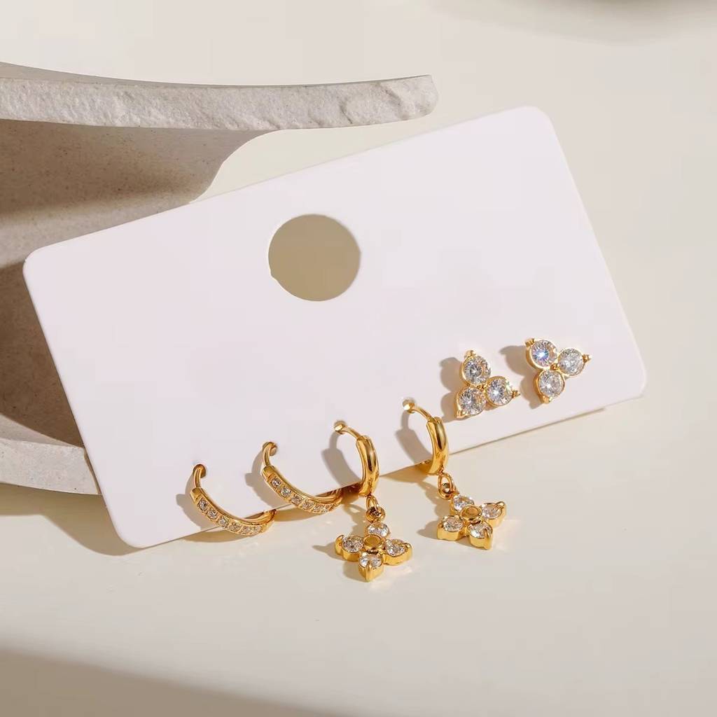 18Kt Gold Plated Set Of Three Flower And Golden Hoops Stainless Steel Waterproof Earrings Set, Liana : INLIANA