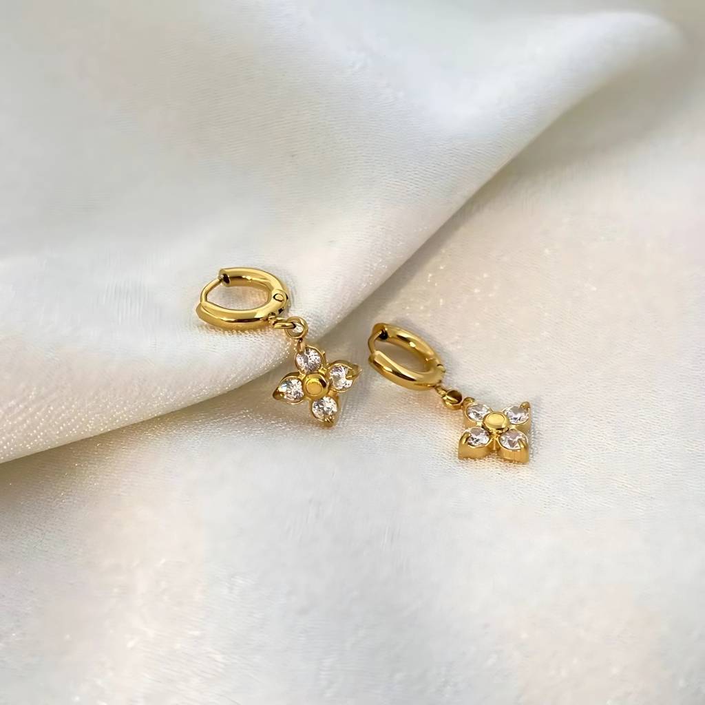 18Kt Gold Plated Set Of Three Flower And Golden Hoops Stainless Steel Waterproof Earrings Set, Liana : INLIANA