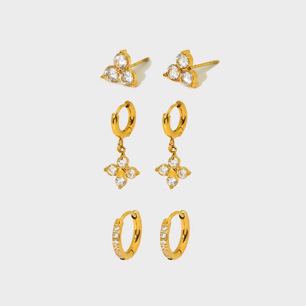18Kt Gold Plated Set Of Three Flower And Golden Hoops Stainless Steel Waterproof Earrings Set, Liana : INLIANA